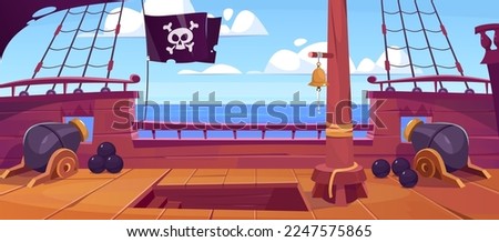 Side view of a wooden ship deck with a skull on a black flag, canons, ropes, sails and a mast. On an old battleship in the sea or ocean. Pirate game background. Cartoon style vector illustration.