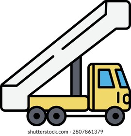 A side view of a yellow airport boarding ramp truck in a flat vector graphic style