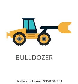 Side view of yellow bulldozer flat vector icon. Cartoon drawing or illustration of heavy machinery or equipment for construction work on white background. Industry, technology concept