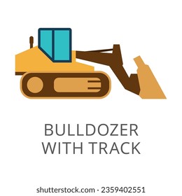 Side view of yellow bulldozer with track flat vector icon. Cartoon drawing or illustration of heavy machinery or equipment for construction work on white background. Industry, technology concept