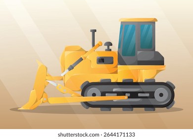 Vista lateral ilustração bulldozer desenho animado amarelo. Equipamento pesado de construção. Construção de máquinas clip art.

