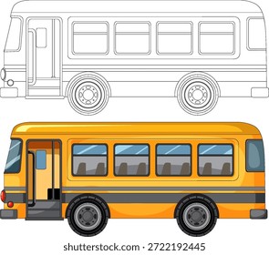 Ilustración amarilla del autobús de la ciudad de la vista lateral con el contorno a juego en blanco y negro, estilo plano limpio del Vector