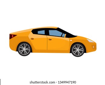 Side view of yellow city car. Modern detailed car. Yellow sedan vehicle. Vector flat cartoon illustration isolated on white background