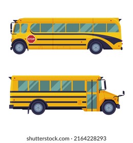 Side view yellow classic bus set cartoon vector illustration