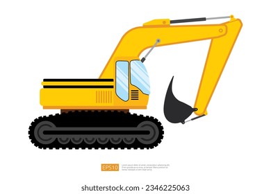 side view yellow excavator with a bucket vector illustration on white background. Isolated big heavy machinery equipment vehicle. Diesel digger flat cartoon construction and mining car icon