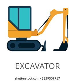 Side view of yellow excavator flat vector icon. Cartoon drawing or illustration of heavy machinery or equipment for construction work on white background. Industry, technology concept