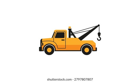 A side view of a yellow flatbed tow truck with a crane hook, representing vehicle recovery, roadside assistance, and automotive transportation services.
