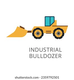 Side view of yellow industrial bulldozer flat vector icon. Cartoon drawing or illustration of heavy machinery or equipment for construction work on white background. Industry, technology concept