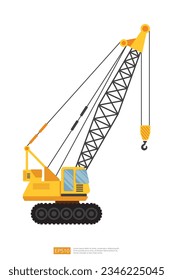 side view yellow Lifting crane vector illustration on white background. Isolated big heavy machinery equipment vehicle. Tower and harbor lifter flat cartoon construction and Industrial car icon