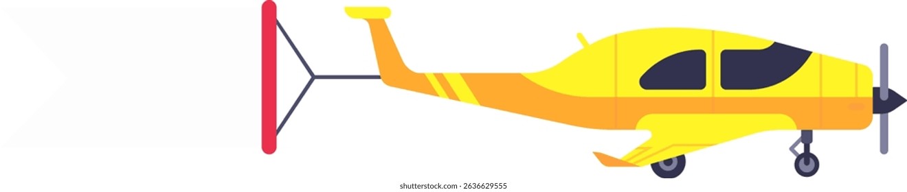 Side view of a yellow and orange light aircraft flying with a v tail, featuring two dark tinted windows, a propeller, landing gear and orange stripes on the tail and wings