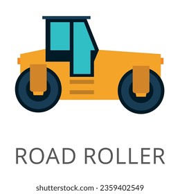 Side view of yellow road roller flat vector icon. Cartoon drawing or illustration of heavy machinery for construction work on white background. Industry, technology concept