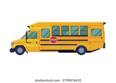 Side View of Yellow School Bus, Back to School Concept, Transportation Vehicle Flat Style Vector Illustration on White Background