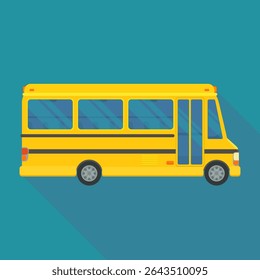 Side view of a yellow school bus in flat design style on blue background with long shadow