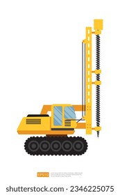 side view yellow Track Drilling Machine vector illustration on white background. Isolated big heavy machinery equipment vehicle. Drilling Tractor flat cartoon construction and mining Industry car icon