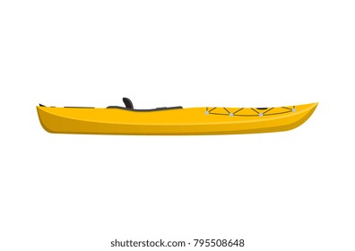 Side view yellow travel kayak isolated icon. Rafting, kayaking, paddling and canoeing outdoor activity. Extreme water sport, relaxation on river or lake, adventure by boat vector illustration.