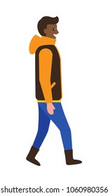 Side view of young afro-american man in winter jacket with hood, wearing trousers and boots vector illustration of human character isolated on white