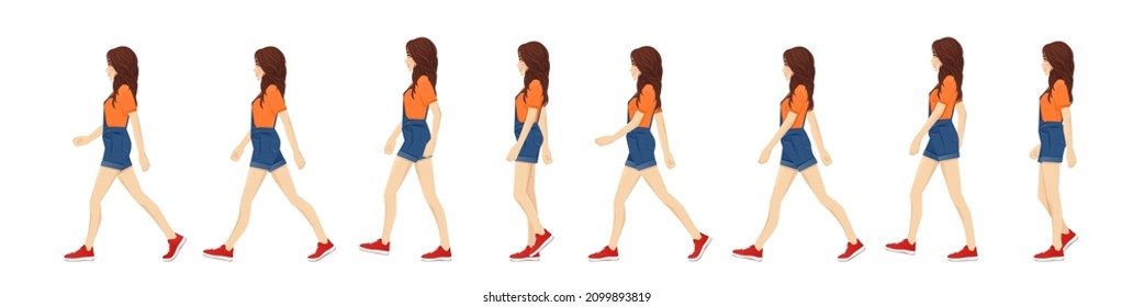 Side view of young beautiful brunette woman walk cycle for animation. Female character sequence vector illustration.