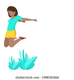 Side view of young black  girl wearing light blue shirt,short yellow sleeve and red sneakers is jumping on leaves. A woman jumps with happiness in copy space. Vector isolate flat design for Freedom