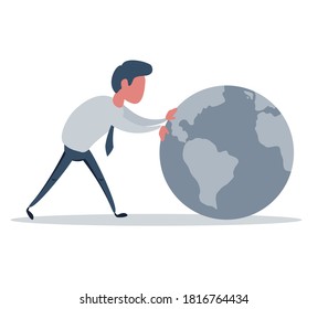 Vista lateral de un joven empresario que gira en torno a la Tierra aislado sobre fondo blanco. Comunicación internacional. Negocios globales. Organizaciones mundiales.