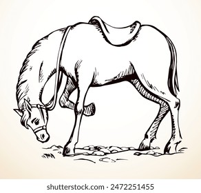 Side view young cute power west cowboy equid geld trotter steed beast body tail mane hair hoof icon sign Dark black ink line hand drawn zoo bow grass race logo old retro art style white sky text space