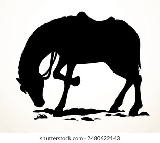 Side view young cute power west cowboy equid geld trotter steed beast body tail mane hair hoof icon sign Dark black ink line hand drawn zoo bow grass race logo old retro art style white sky text space