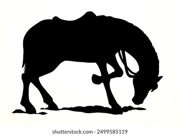 Side view young cute power west cowboy equid geld trotter steed beast body tail mane hair hoof icon sign Dark black ink line hand drawn zoo bow grass race logo old retro art style white sky text space