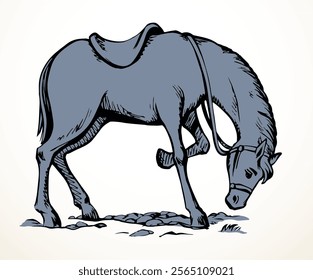 Side view young cute power west cowboy equid geld trotter steed beast body tail mane hair hoof icon sign Dark black ink line hand drawn zoo bow grass race logo old retro art style white sky text space