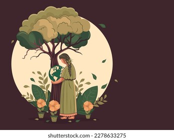 Side View of Young Girl Character Holding Earth Globe Under The Tree With Floral Plant Pots Decorated Background And Copy Space.