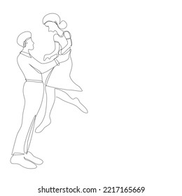 Side view of young groom holding bride who pop legs in single line drawing style.Romantic couple holding and smiling  continue line.Vector illustration isolate flat design concept of Valentine’s Day.