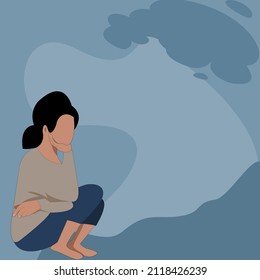 Side view of young lady hug her knee and cry.Alone woman Suffering From Depression Sitting under dark wave on blue background Psychology, unhappy,depression,bad mood, stress.Vector isolate flat design