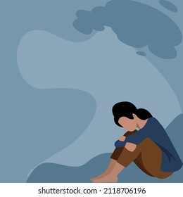 Side view of young lady hug her knee and cry.Alone woman Suffering From Depression Sitting under dark wave on blue background Psychology, unhappy,depression,bad mood, stress.Vector isolate flat design