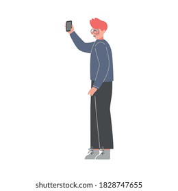 Side View of Young Man Standing, Listening Attentively and Recording Video or Audio Information on Smartphone Vector Illustration