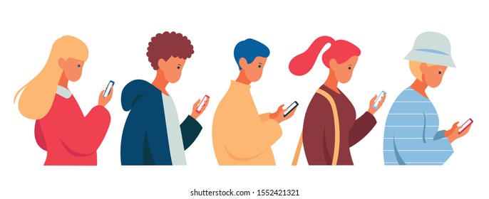 Side view of young people walking while looking at cellphones. hand drawn style vector design illustrations. 