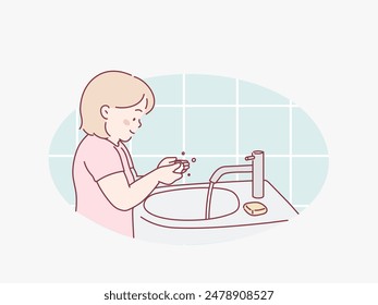 Side view of young preschool aged child washing hands with soap. Hand drawn style vector design illustrations.