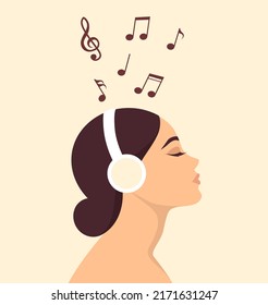 Side view of young woman with closed eyes listening to music in wireless headphones. Vector illustration in flat style