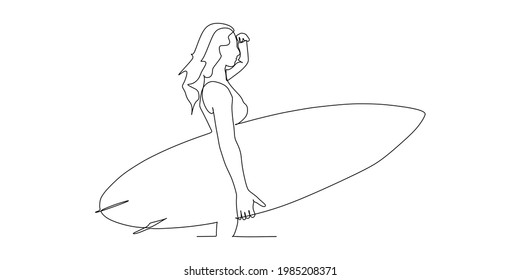 Side view of young woman with long hair is holding the surfboard preparing to surf, she is trying to see far away	- continuous one line drawing