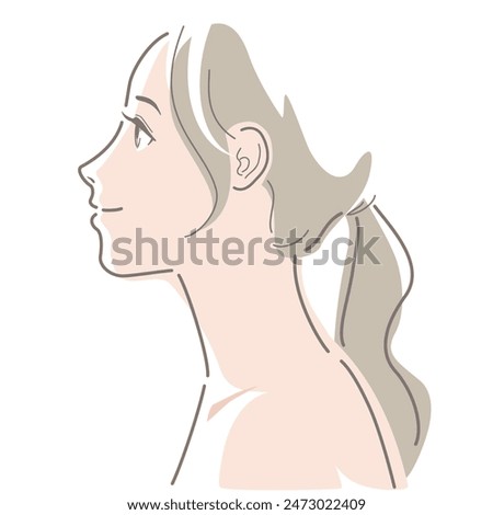 Side view of young woman with long hair tied in a ponytail.  Vector illustration in line drawing, isolated on white background.