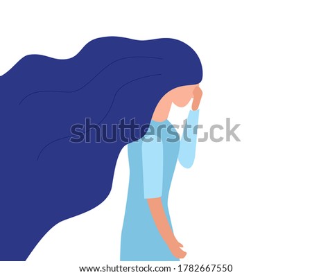 Side view young woman looking away standing. Frustrated confused sad female feels unhappy. Sadness or depression concept. Vector illustration
