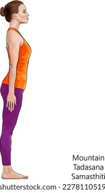Vista lateral de una joven practicando yoga, haciendo pose de montaña o pose de igual pie. Tadasana o Samasthiti. De pie y neutral. Principiante. Ilustración vectorial aislada en fondo blanco.