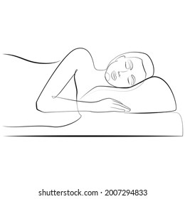Side view of a young woman with a smile on her face sleeping on a comfortable orthopedic pillow, line drawing on white isolated background