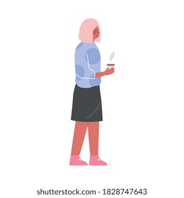 Side View of Young Woman Standing with Coffee Cup Vector Illustration on White Background