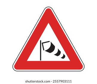 Side Wind Warning Road Sign Featuring a Triangular Shape with Red Border and a Black Windsock Symbol, Indicating Potential Strong Lateral Winds, Available as a Vector File