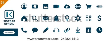 Sidebar design icon. Containing home, photo, bell, chat, payment, interface design. Solid vector icon set.
