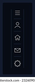 Sidebar menu UI element template. Quick access. Editable isolated vector dashboard component. Flat user interface. Visual data presentation. Web design widget for mobile application with dark theme