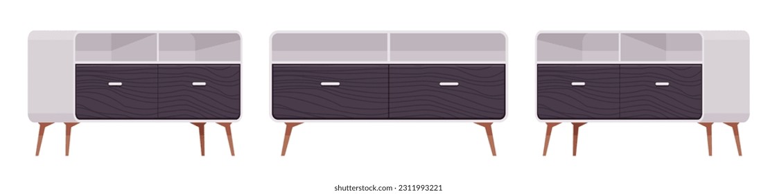 Sideboard buffet credenza, low storage cabinet set. Solid wood dining, living room, condo or kitchen functional furniture. Vector flat style cartoon home, office piece isolated on white background