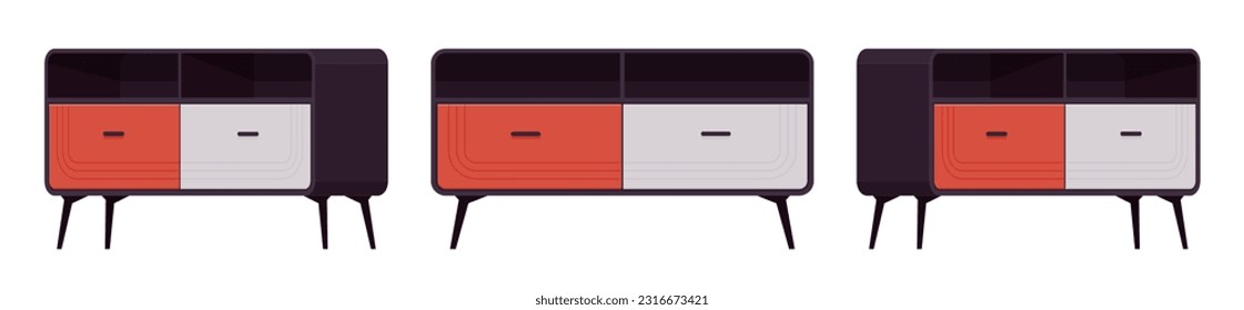 Sideboard buffet credenza, low storage accent cabinet set. Solid wood dining, living room, condo, kitchen functional furniture. Vector flat style cartoon home, office piece isolated, white background