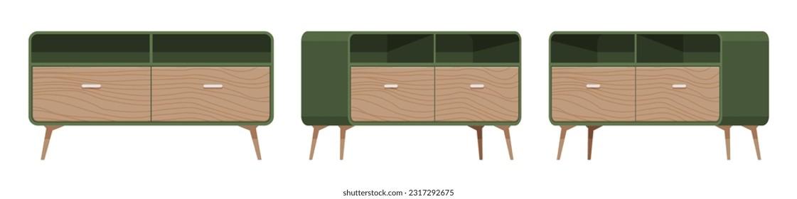 Sideboard buffet credenza, low storage green cabinet set. Solid wood dining, living room, condo, kitchen functional furniture. Vector flat style cartoon home, office piece isolated on white background