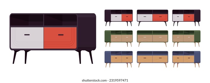 Sideboard buffet credenza, low storage cabinet big accent color set. Solid wood dining, living room, condo, kitchen furniture. Vector flat style cartoon home, office pieces isolated, white background