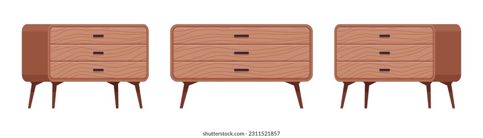 Buffet de borde lateral de madera maciza credenza conjunto marrón. Cubierta de cocina, espacio para guardar los cajones, mesa para mostrar cuadros de fotos. Hogar de dibujos animados de estilo plano vectorial, pieza de oficina aislada en fondo blanco