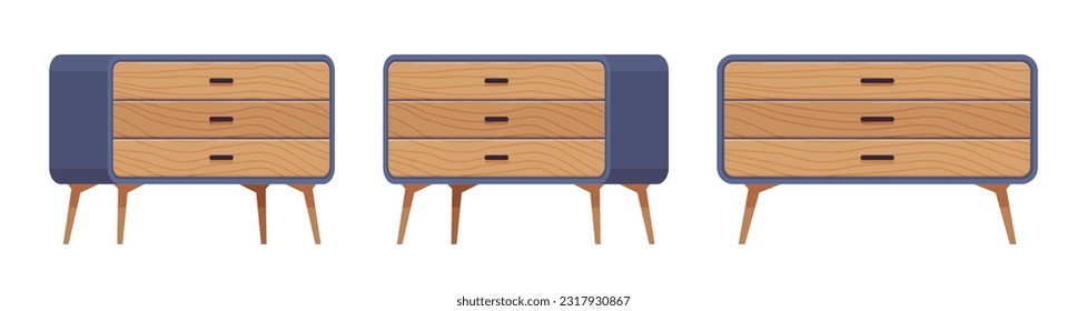 Sideboard buffet solid wood credenza brown, blue set. Kitchen cabinet, drawers storage space, tabletop displaying photo frames. Vector flat style cartoon home, office piece isolated, white background